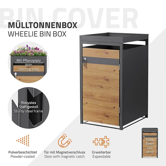 ML-Design Mülltonnenbox Mülltonnenbox 1er 240L 68x80x124cm Holzoptik mit Pflanzdach - Stahl, Anthrazit, Braun, Geeignet für Anzahl Mülltonnen: 1 Stk.