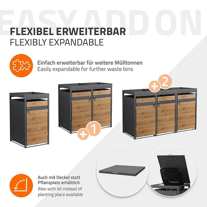 ML-Design Mülltonnenbox Mülltonnenbox 1er 240L 68x80x124cm Holzoptik mit Pflanzdach - Stahl, Anthrazit, Braun, Geeignet für Anzahl Mülltonnen: 1 Stk.