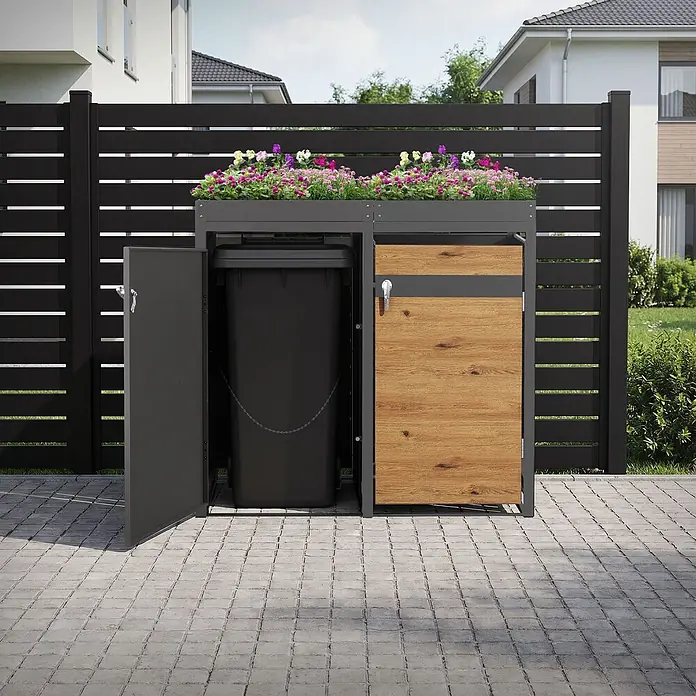 ML-Design Mülltonnenbox 2er mit Pflanzdach 132x80x124 cm Anthrazit-Holzoptik - Stahl, Anthrazit, Braun, Geeignet für Anzahl Mülltonnen: 2 Stk.