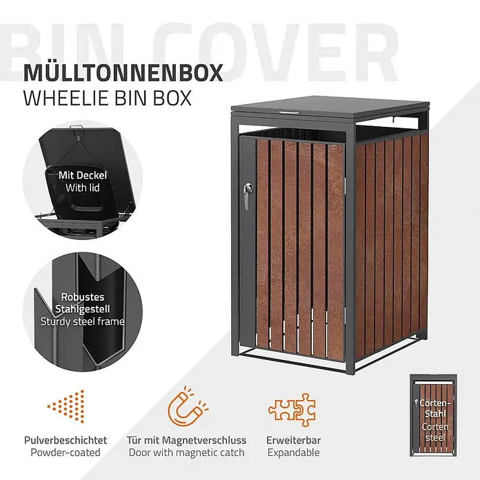 ML-Design Mülltonnenbox 1er 240L 68x80x120 cm Anthrazit-Rostoptik - Stahl, Anthrazit, Rot-Braun, Geeignet für Anzahl Mülltonnen: 1 Stk.
