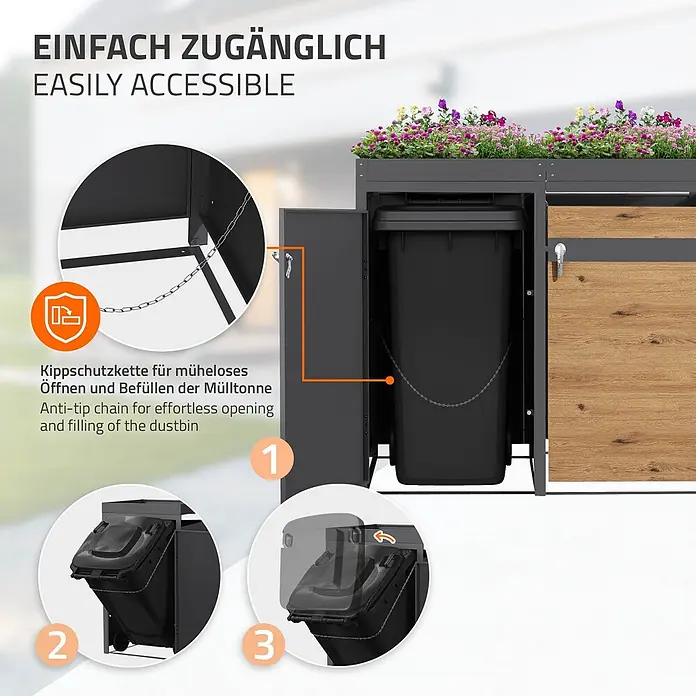 ML-Design Mülltonnenbox 2er mit Pflanzdach 132x80x124 cm Anthrazit-Holzoptik - Stahl, Anthrazit, Braun, Geeignet für Anzahl Mülltonnen: 2 Stk.