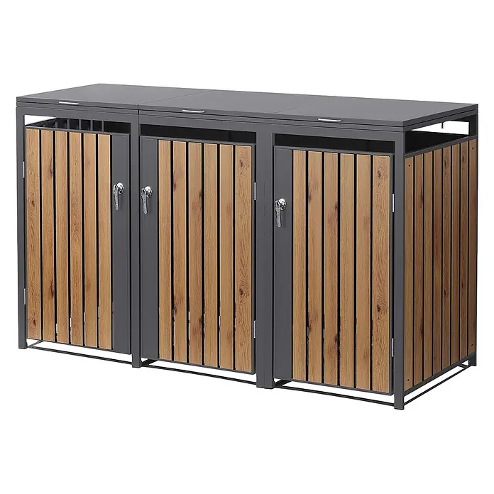 ML-Design Mülltonnenbox Mülltonnenbox 3er 240L 200x80x120cm Holzoptik abschließbar - Stahl, Anthrazit, Braun, Geeignet für Anzahl Mülltonnen: 2 Stk.
