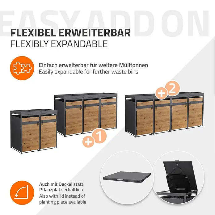 ML-Design Mülltonnenbox 2er mit Pflanzdach 132x80x124 cm Anthrazit-Holzoptik - Stahl, Anthrazit, Braun, Geeignet für Anzahl Mülltonnen: 2 Stk.