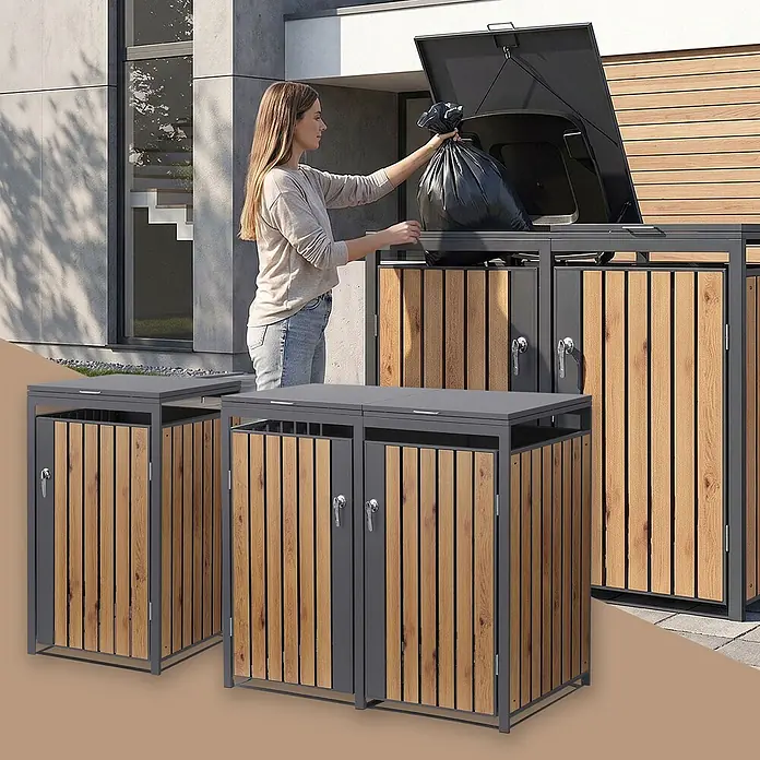 ML-Design Mülltonnenbox Mülltonnenbox 3er 240L 200x80x120cm Holzoptik abschließbar - Stahl, Anthrazit, Braun, Geeignet für Anzahl Mülltonnen: 2 Stk.