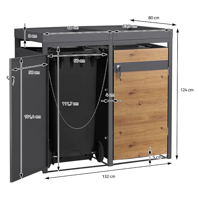 ML-Design Mülltonnenbox 2er mit Pflanzdach 132x80x124 cm Anthrazit-Holzoptik - Stahl, Anthrazit, Braun, Geeignet für Anzahl Mülltonnen: 2 Stk.