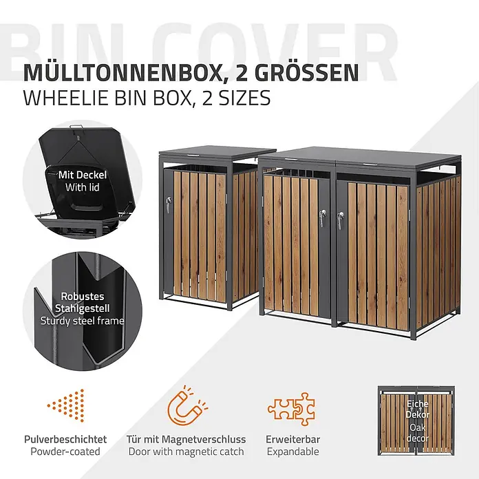 ML-Design Mülltonnenbox Mülltonnenbox 3er 240L 200x80x120cm Holzoptik abschließbar - Stahl, Anthrazit, Braun, Geeignet für Anzahl Mülltonnen: 2 Stk.