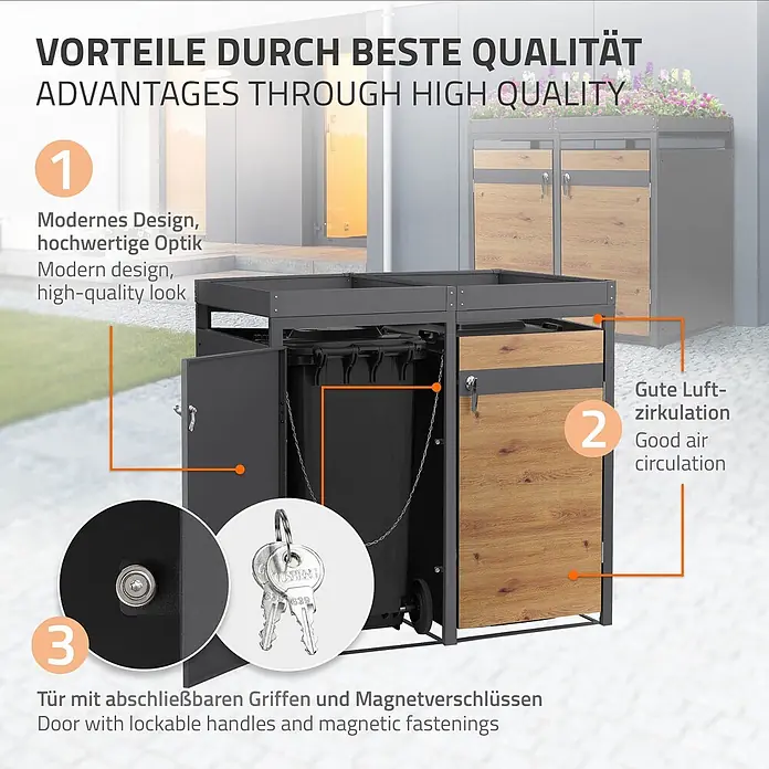 ML-Design Mülltonnenbox 2er mit Pflanzdach 132x80x124 cm Anthrazit-Holzoptik - Stahl, Anthrazit, Braun, Geeignet für Anzahl Mülltonnen: 2 Stk.