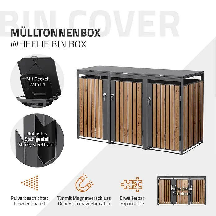 ML-Design Mülltonnenbox Mülltonnenbox 3er 240L 200x80x120cm Holzoptik abschließbar - Stahl, Anthrazit, Braun, Geeignet für Anzahl Mülltonnen: 2 Stk.