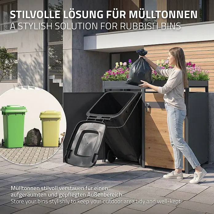 ML-Design Mülltonnenbox 2er mit Pflanzdach 132x80x124 cm Anthrazit-Holzoptik - Stahl, Anthrazit, Braun, Geeignet für Anzahl Mülltonnen: 2 Stk.