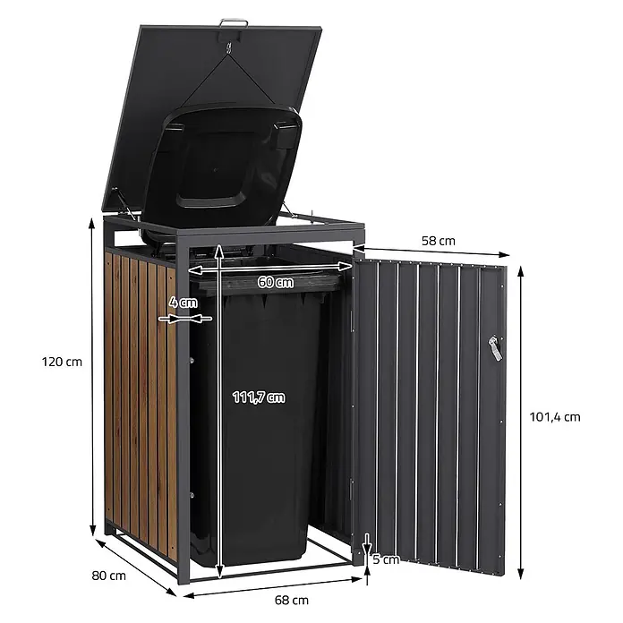 ML-Design Mülltonnenbox Mülltonnenbox 1er 240L 68x80x120cm Anthrazit-Holzoptik mit Deckel - Stahl, Anthrazit, Geeignet für Anzahl Mülltonnen: 1 Stk.