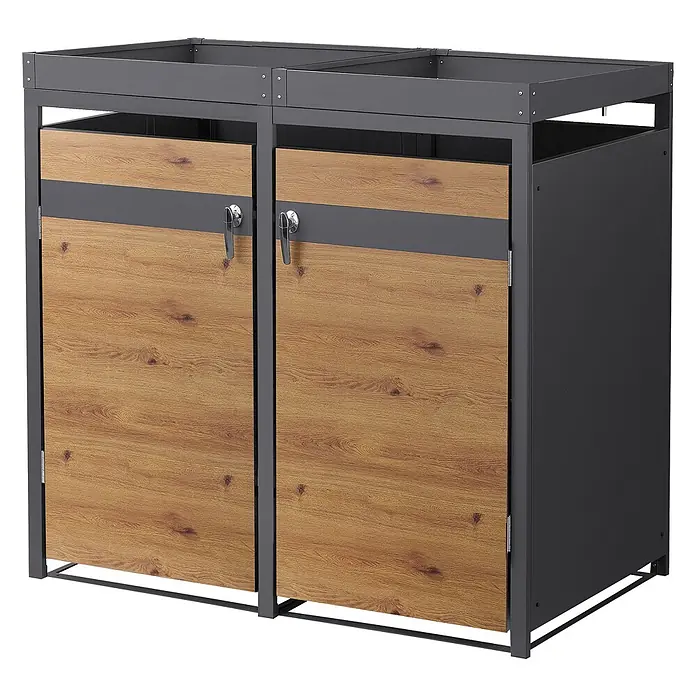 ML-Design Mülltonnenbox 2er mit Pflanzdach 132x80x124 cm Anthrazit-Holzoptik - Stahl, Anthrazit, Braun, Geeignet für Anzahl Mülltonnen: 2 Stk.