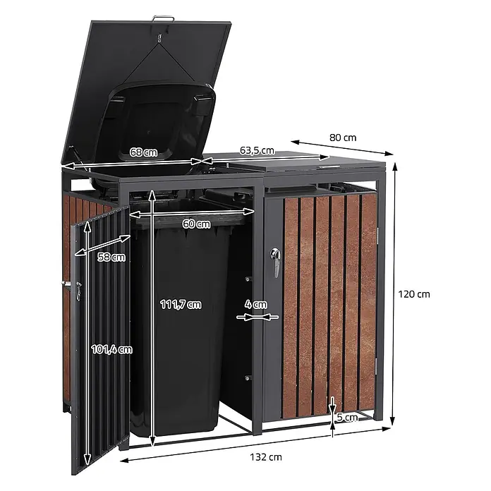 ML-Design Mülltonnenbox 2er 240L 132x80x120 cm Anthrazit-Rostoptik - Stahl, Anthrazit, Rot-Braun, Geeignet für Anzahl Mülltonnen: 2 Stk.