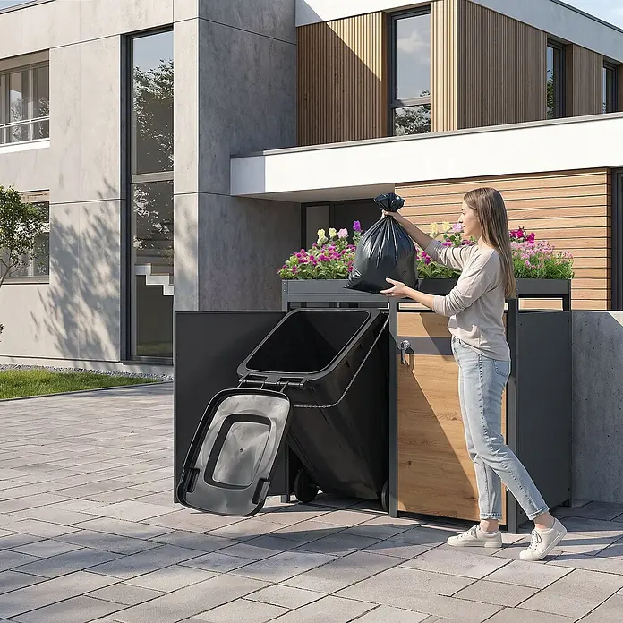 ML-Design Mülltonnenbox 2er mit Pflanzdach 132x80x124 cm Anthrazit-Holzoptik - Stahl, Anthrazit, Braun, Geeignet für Anzahl Mülltonnen: 2 Stk.