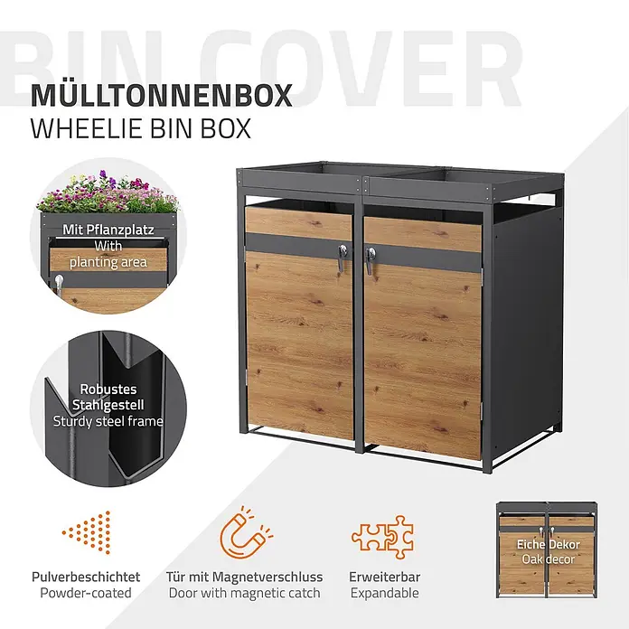 ML-Design Mülltonnenbox 2er mit Pflanzdach 132x80x124 cm Anthrazit-Holzoptik - Stahl, Anthrazit, Braun, Geeignet für Anzahl Mülltonnen: 2 Stk.