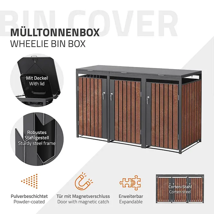 ML-Design Mülltonnenbox 3er 240L 200x80x120 cm Anthrazit-Rostoptik - Stahl, Anthrazit, Rot-Braun, Geeignet für Anzahl Mülltonnen: 3 Stk.