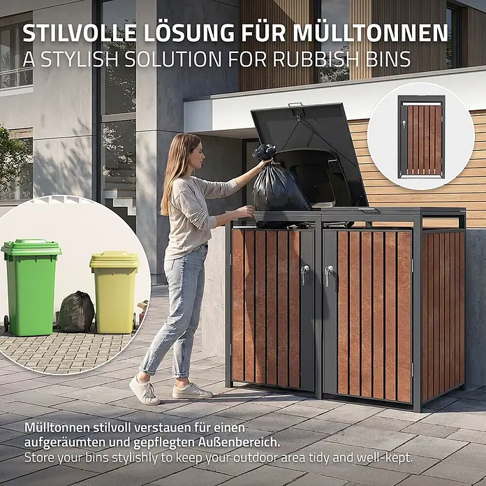 ML-Design Mülltonnenbox 3er 240L 200x80x120 cm Anthrazit-Rostoptik - Stahl, Anthrazit, Rot-Braun, Geeignet für Anzahl Mülltonnen: 3 Stk.