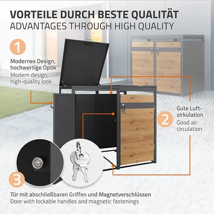 ML-Design Mülltonnenbox 2er 240L mit Klappdeckel abschließbar 132x80x120 cm Anthrazit-Eichenoptik - Stahl, Anthrazit, Braun, Geeignet für Anzahl Mülltonnen: 2 Stk.