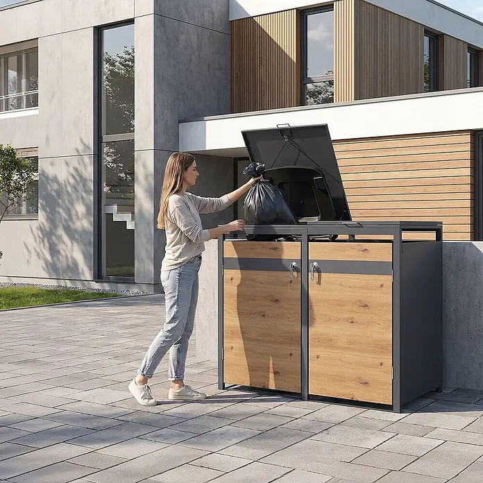 ML-Design Mülltonnenbox 2er 240L mit Klappdeckel abschließbar 132x80x120 cm Anthrazit-Eichenoptik - Stahl, Anthrazit, Braun, Geeignet für Anzahl Mülltonnen: 2 Stk.
