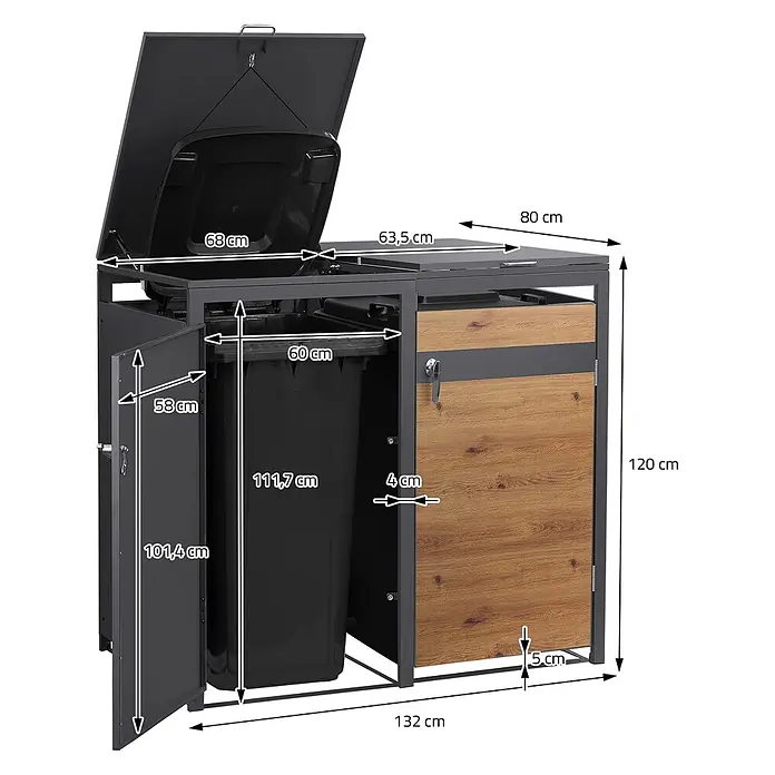 ML-Design Mülltonnenbox 2er 240L mit Klappdeckel abschließbar 132x80x120 cm Anthrazit-Eichenoptik - Stahl, Anthrazit, Braun, Geeignet für Anzahl Mülltonnen: 2 Stk.