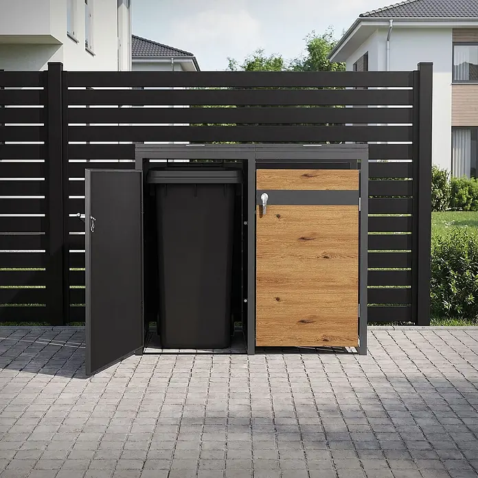 ML-Design Mülltonnenbox 2er 240L mit Klappdeckel abschließbar 132x80x120 cm Anthrazit-Eichenoptik - Stahl, Anthrazit, Braun, Geeignet für Anzahl Mülltonnen: 2 Stk.