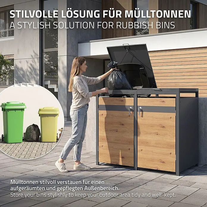 ML-Design Mülltonnenbox 2er 240L mit Klappdeckel abschließbar 132x80x120 cm Anthrazit-Eichenoptik - Stahl, Anthrazit, Braun, Geeignet für Anzahl Mülltonnen: 2 Stk.