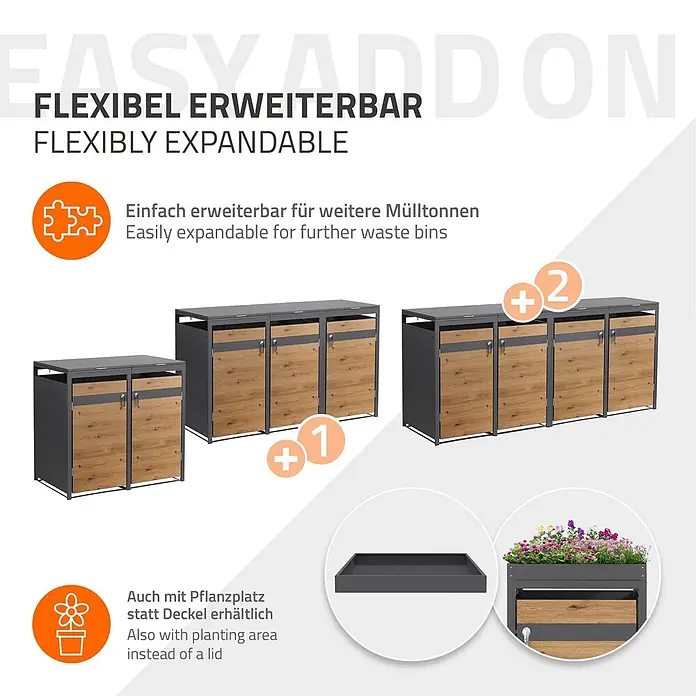 ML-Design Mülltonnenbox 2er 240L mit Klappdeckel abschließbar 132x80x120 cm Anthrazit-Eichenoptik - Stahl, Anthrazit, Braun, Geeignet für Anzahl Mülltonnen: 2 Stk.