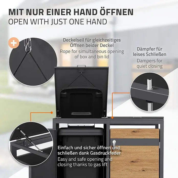 ML-Design Mülltonnenbox 2er 240L mit Klappdeckel abschließbar 132x80x120 cm Anthrazit-Eichenoptik - Stahl, Anthrazit, Braun, Geeignet für Anzahl Mülltonnen: 2 Stk.
