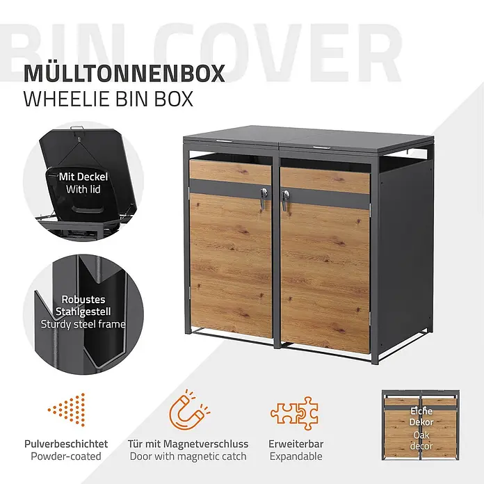 ML-Design Mülltonnenbox 2er 240L mit Klappdeckel abschließbar 132x80x120 cm Anthrazit-Eichenoptik - Stahl, Anthrazit, Braun, Geeignet für Anzahl Mülltonnen: 2 Stk.