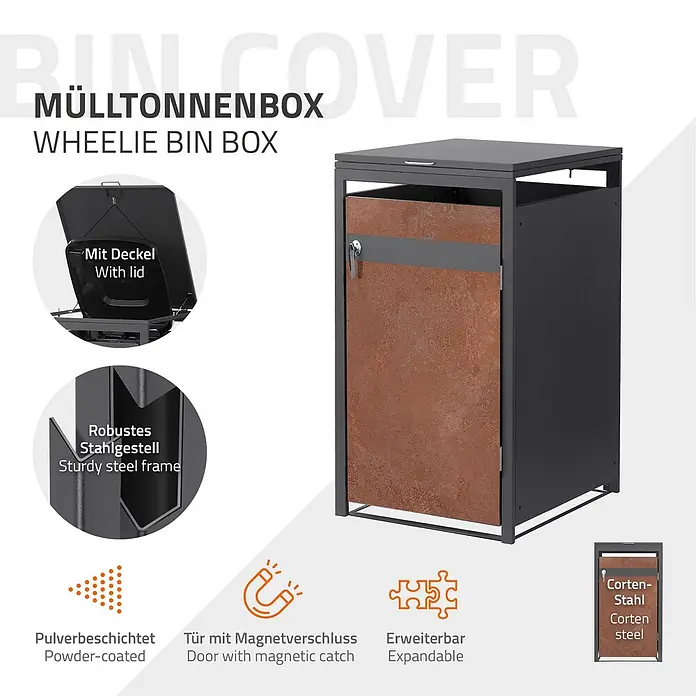 ML-Design Mülltonnenbox Mülltonnencontainer mit Klappdeckel/Tür für 1 Tonne 120 oder 240 Liter - Stahl, Anthrazit, Rot-Braun, Geeignet für Anzahl Mülltonnen: 1 Stk.