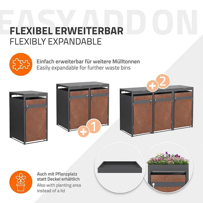 ML-Design Mülltonnenbox Mülltonnencontainer mit Klappdeckel/Tür für 1 Tonne 120 oder 240 Liter - Stahl, Anthrazit, Rot-Braun, Geeignet für Anzahl Mülltonnen: 1 Stk.