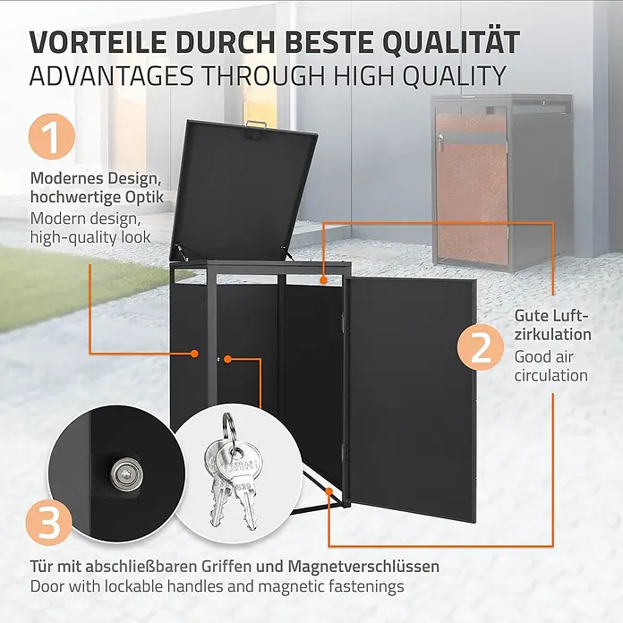 ML-Design Mülltonnenbox Mülltonnencontainer mit Klappdeckel/Tür für 1 Tonne 120 oder 240 Liter - Stahl, Anthrazit, Rot-Braun, Geeignet für Anzahl Mülltonnen: 1 Stk.
