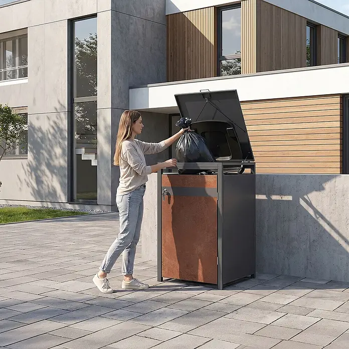 ML-Design Mülltonnenbox Mülltonnencontainer mit Klappdeckel/Tür für 1 Tonne 120 oder 240 Liter - Stahl, Anthrazit, Rot-Braun, Geeignet für Anzahl Mülltonnen: 1 Stk.