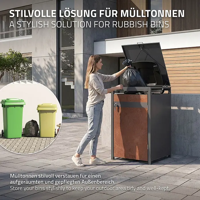 ML-Design Mülltonnenbox Mülltonnencontainer mit Klappdeckel/Tür für 1 Tonne 120 oder 240 Liter - Stahl, Anthrazit, Rot-Braun, Geeignet für Anzahl Mülltonnen: 1 Stk.