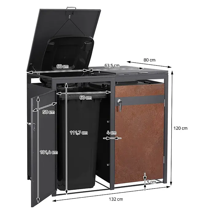 ML-Design Mülltonnenbox 2er 240L mit Klappdeckel 132x80x120 cm Anthrazit-Rostoptik - Stahl, Anthrazit, Rot-Braun, Geeignet für Anzahl Mülltonnen: 2 Stk.