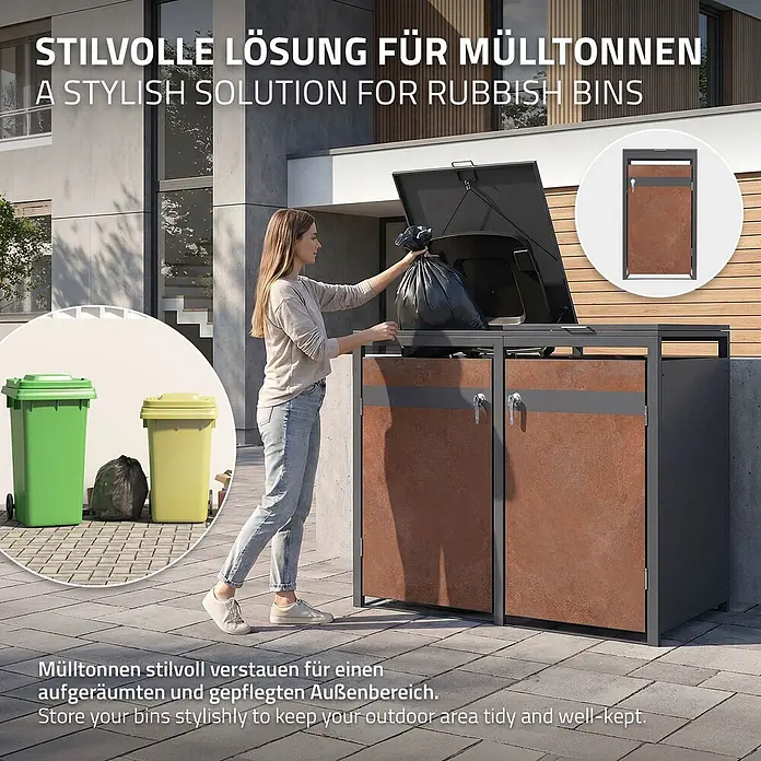 ML-Design Mülltonnenbox 3er 240L mit Klappdeckel 200x80x120 cm Anthrazit-Rostoptik - Stahl, Anthrazit, Rot-Braun, Geeignet für Anzahl Mülltonnen: 3 Stk.