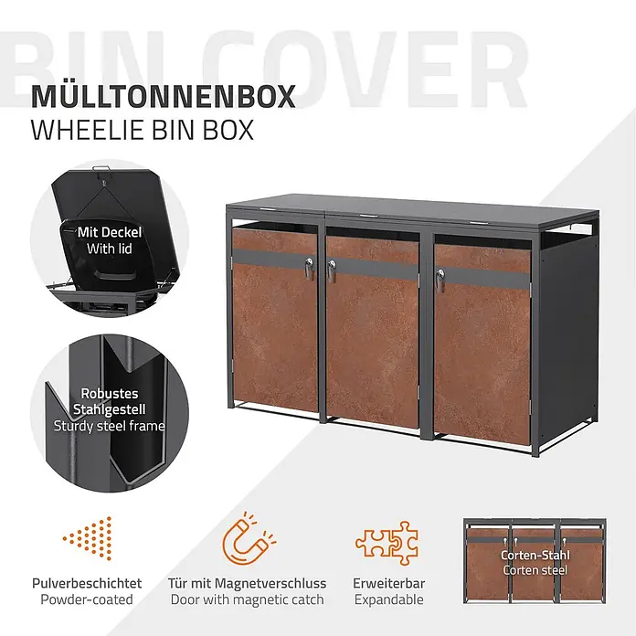 ML-Design Mülltonnenbox 3er 240L mit Klappdeckel 200x80x120 cm Anthrazit-Rostoptik - Stahl, Anthrazit, Rot-Braun, Geeignet für Anzahl Mülltonnen: 3 Stk.