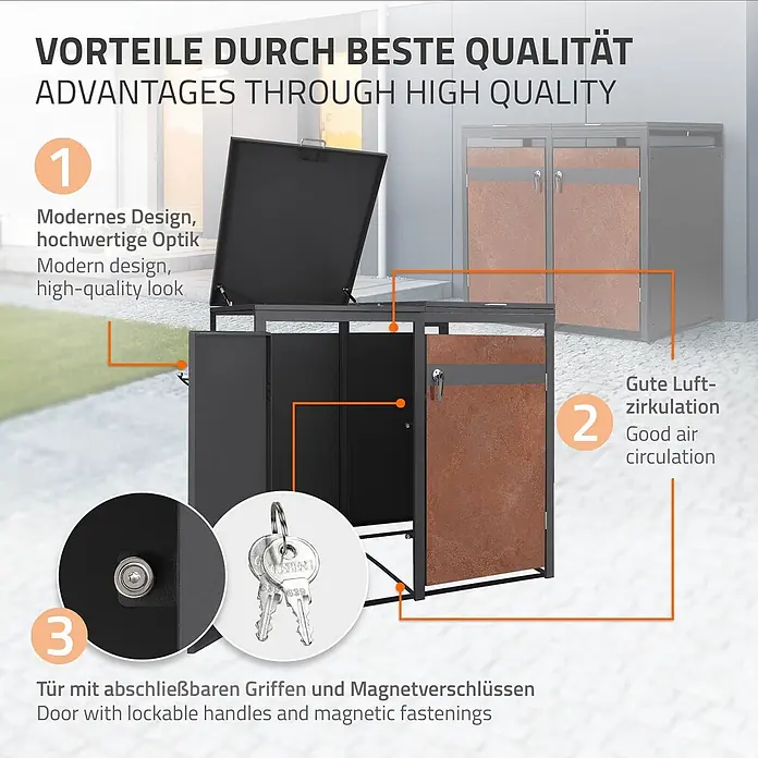 ML-Design Mülltonnenbox 2er 240L mit Klappdeckel 132x80x120 cm Anthrazit-Rostoptik - Stahl, Anthrazit, Rot-Braun, Geeignet für Anzahl Mülltonnen: 2 Stk.