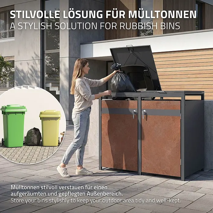 ML-Design Mülltonnenbox 2er 240L mit Klappdeckel 132x80x120 cm Anthrazit-Rostoptik - Stahl, Anthrazit, Rot-Braun, Geeignet für Anzahl Mülltonnen: 2 Stk.