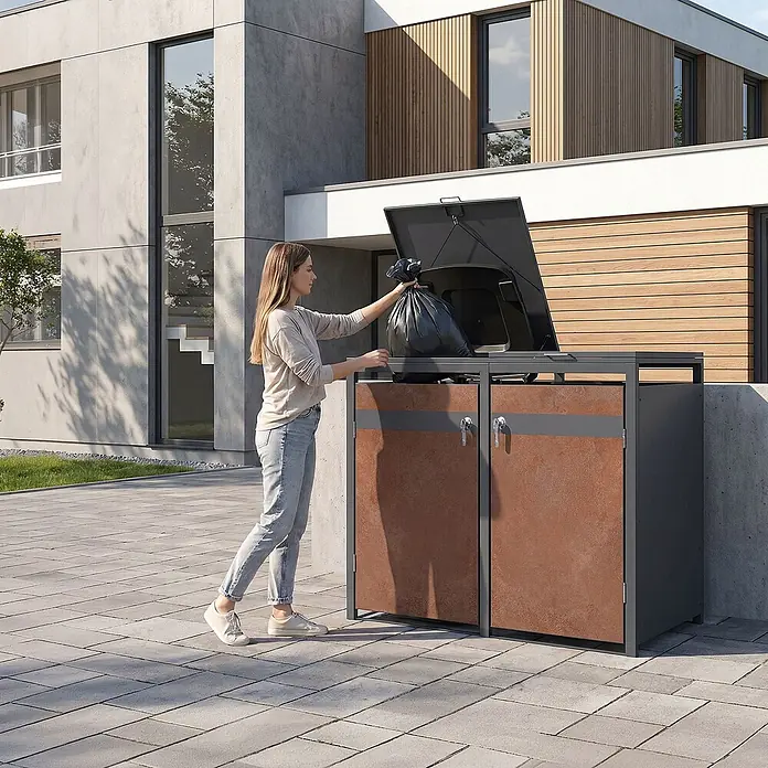 ML-Design Mülltonnenbox 2er 240L mit Klappdeckel 132x80x120 cm Anthrazit-Rostoptik - Stahl, Anthrazit, Rot-Braun, Geeignet für Anzahl Mülltonnen: 2 Stk.