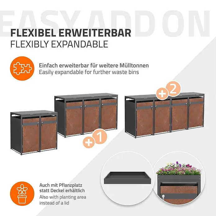 ML-Design Mülltonnenbox 2er 240L mit Klappdeckel 132x80x120 cm Anthrazit-Rostoptik - Stahl, Anthrazit, Rot-Braun, Geeignet für Anzahl Mülltonnen: 2 Stk.