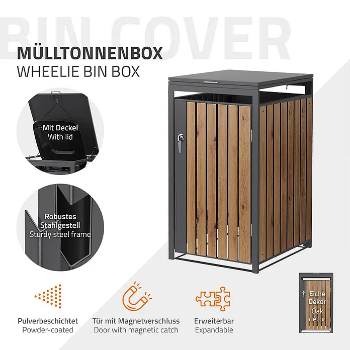 ML-Design Mülltonnenbox Mülltonnenbox 1er 240L 68x80x120cm Anthrazit-Holzoptik mit Deckel - Stahl, Anthrazit, Geeignet für Anzahl Mülltonnen: 1 Stk.