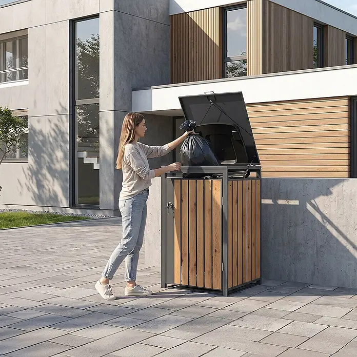 ML-Design Mülltonnenbox Mülltonnenbox 1er 240L 68x80x120cm Anthrazit-Holzoptik mit Deckel - Stahl, Anthrazit, Geeignet für Anzahl Mülltonnen: 1 Stk.