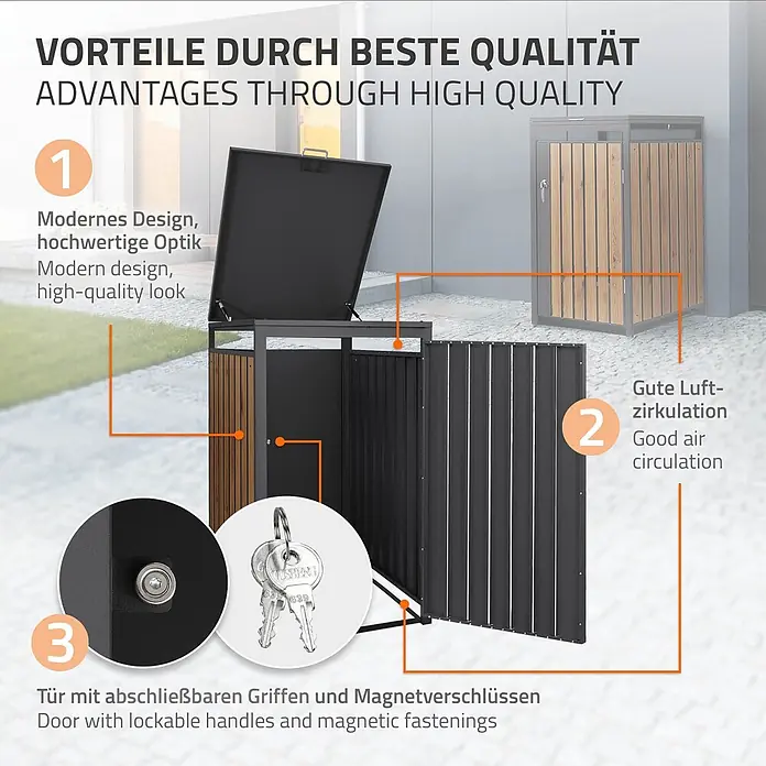ML-Design Mülltonnenbox Mülltonnenbox 1er 240L 68x80x120cm Anthrazit-Holzoptik mit Deckel - Stahl, Anthrazit, Geeignet für Anzahl Mülltonnen: 1 Stk.