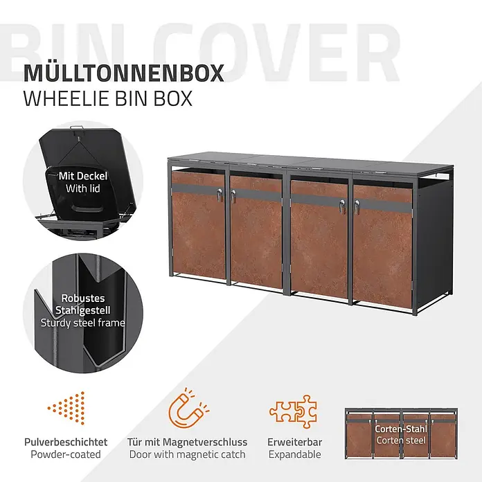 ML-Design Mülltonnenbox 4er 240L mit Klappdeckel 264x80x120 cm Anthrazit-Rostoptik - Stahl, Anthrazit, Rot-Braun, Geeignet für Anzahl Mülltonnen: 4 Stk.
