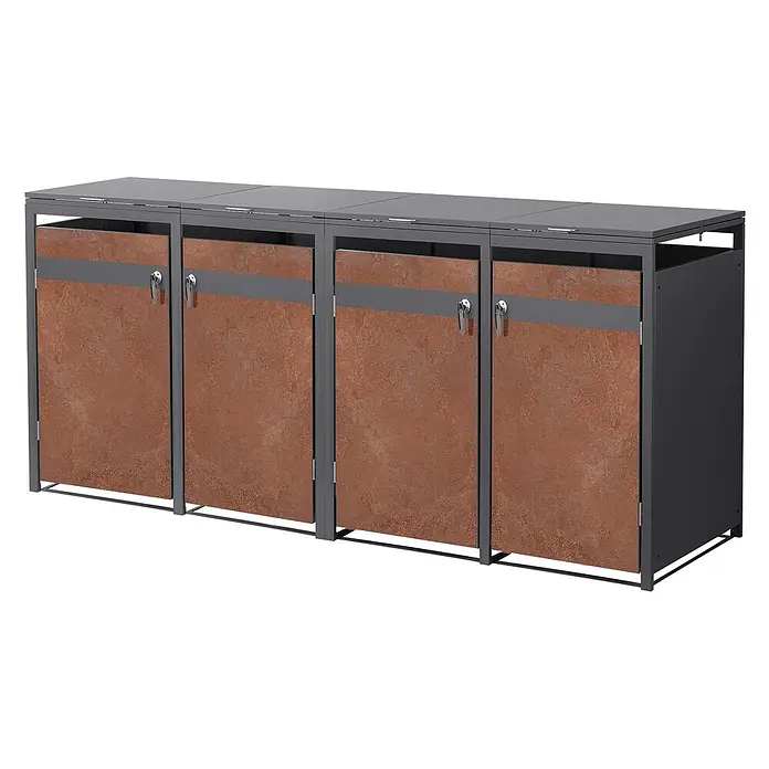 ML-Design Mülltonnenbox 4er 240L mit Klappdeckel 264x80x120 cm Anthrazit-Rostoptik - Stahl, Anthrazit, Rot-Braun, Geeignet für Anzahl Mülltonnen: 4 Stk.