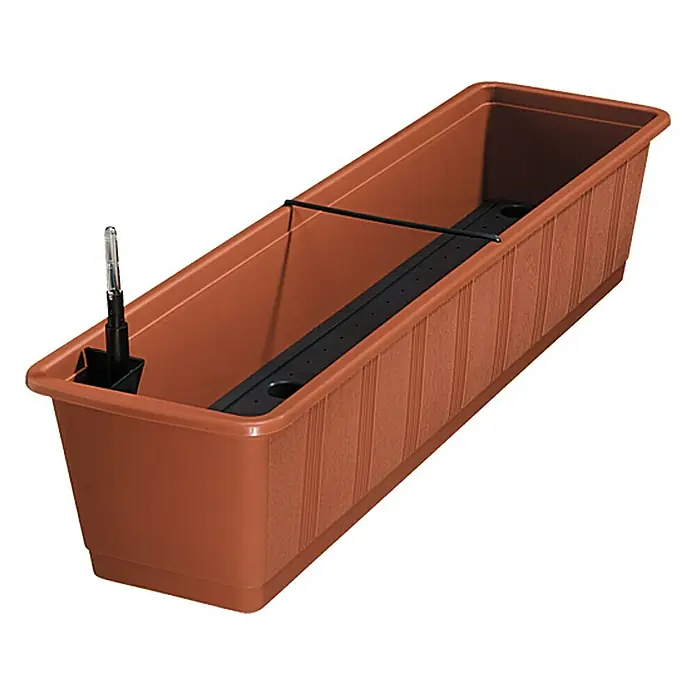 Geli Aqua Green Plus Bewässerungsbalkonkasten - Max. Außenlänge: 80 cm, Terracotta - Länglicher, selbstbewässernder Pflanzkasten in Terrakotta-Optik mit schwarzem Bewässerungseinsatz und Füllstandsanzeige.