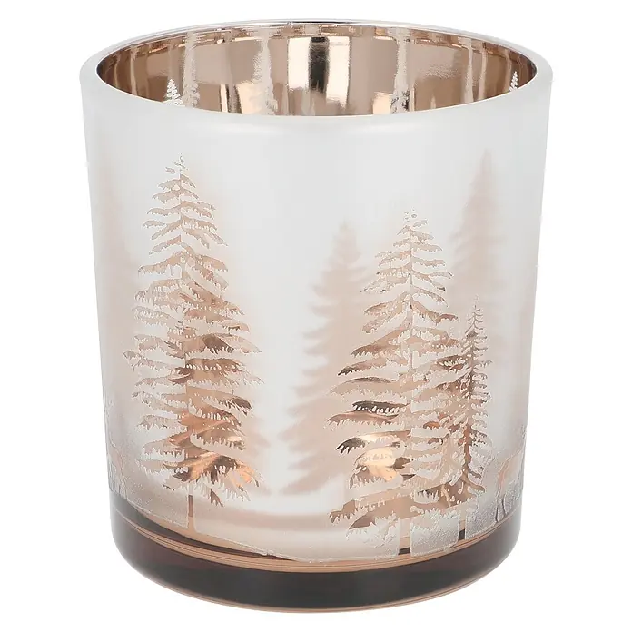 Teelichthalter Baum - 7 x 8 cm, Silber - Teelichthalter aus mattiertem Glas mit goldenem Winterwald-Design und reflektierender Gold-Innenseite auf dunklem Fuß.