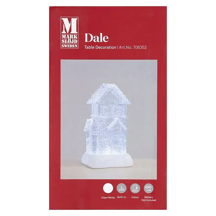 Markslöjd LED-Weihnachtsdekoleuchte Dale - 14,5 x 13 x 26 cm, Weiß/ Transparent, Batteriebetrieben, LED - Klare/weiße LED-Tischdekoration in Hausform, 'Dale', batteriebetrieben für den Innenbereich.
