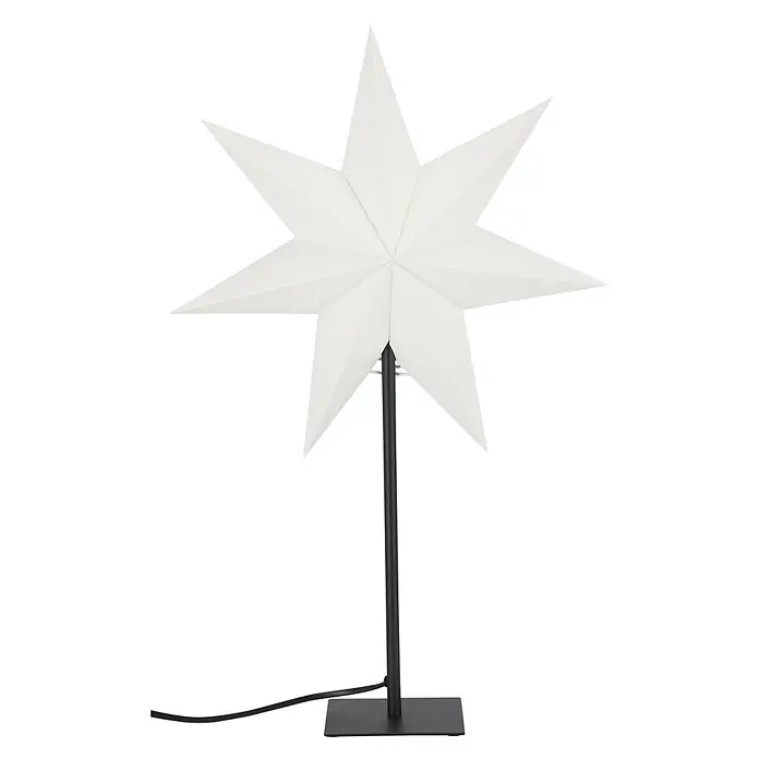 Markslöjd Standstern Nellie - Ø x H: 35 x 55 cm, Weiß, Netzbetrieben - Weiße sternförmige LED-Lampe auf schwarzem Ständer mit Kabel.