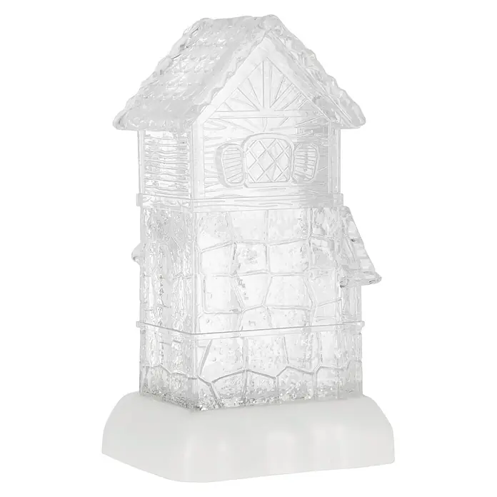 Markslöjd LED-Weihnachtsdekoleuchte Dale - 14,5 x 13 x 26 cm, Weiß/ Transparent, Batteriebetrieben, LED - Transparente, eisähnliche Deko-Häuschen-Figur mit strukturierter Dach- und Wandgestaltung, auf weißem Sockel.